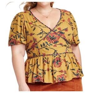 Knox Rose Textured Floral Top Yellow Blue Deep V-Neck Smocked Short Sleeve Sz 2X